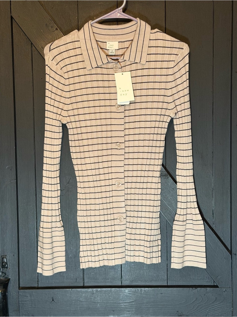 a new day Cream and Navy Ribbed Stripe Button-Front Top